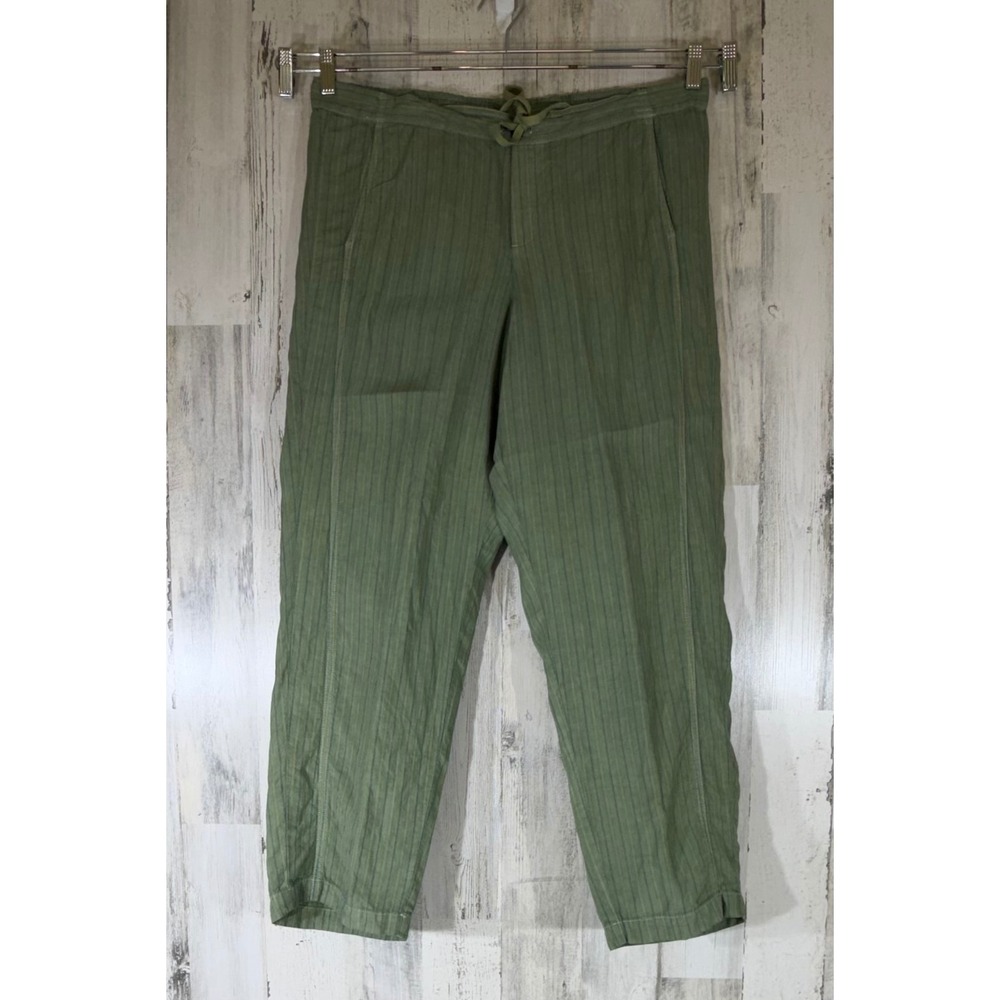 J Jill Love Linen Pants Large Green Striped Drawstring Coastal Relaxed Casual